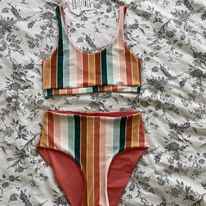 NWT Retro Striped High-Waist Two-Piece Swimsuit